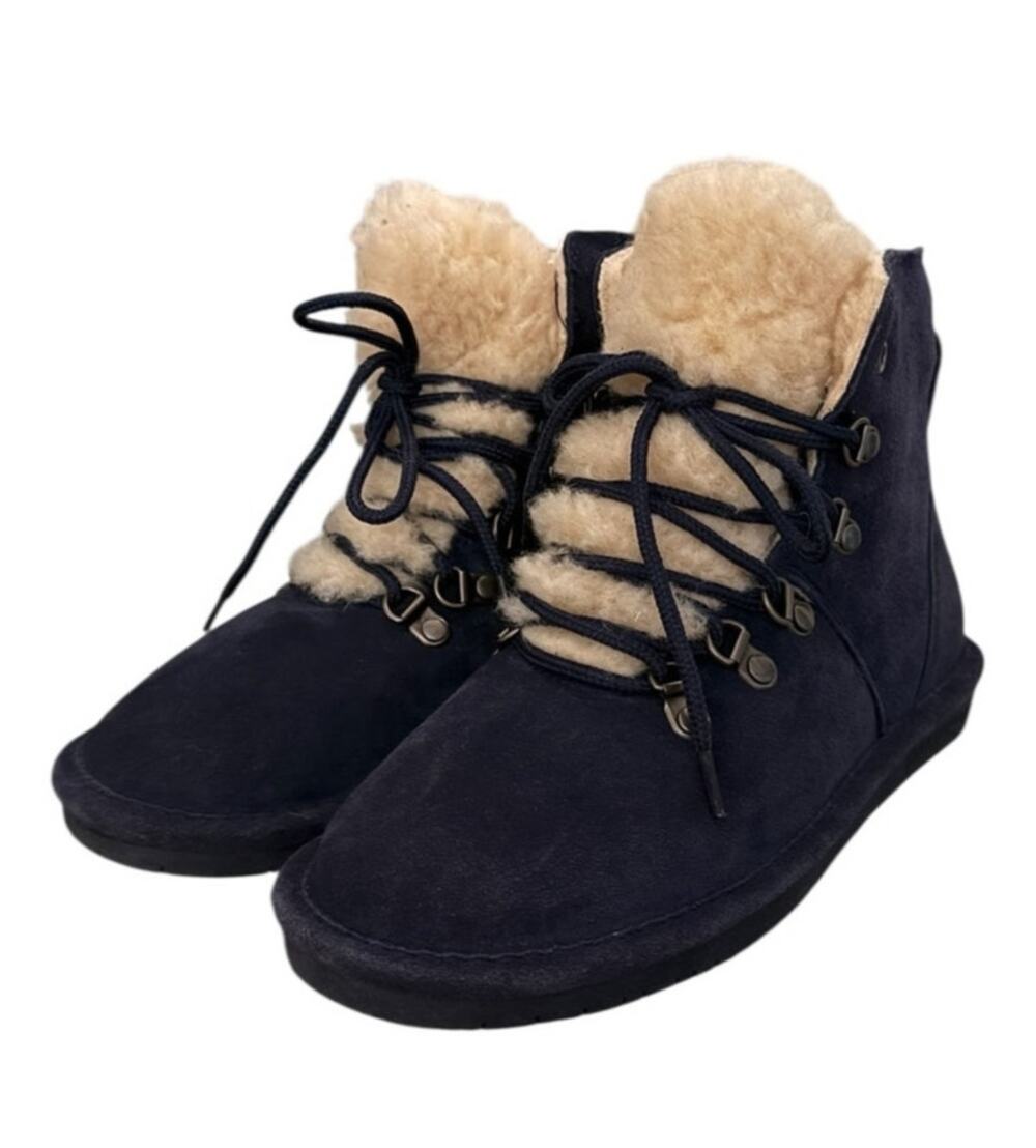 Bearpaw Suede Shearling Lace Up Ankle Boots Womens Size 9 Winter Cozy Navy